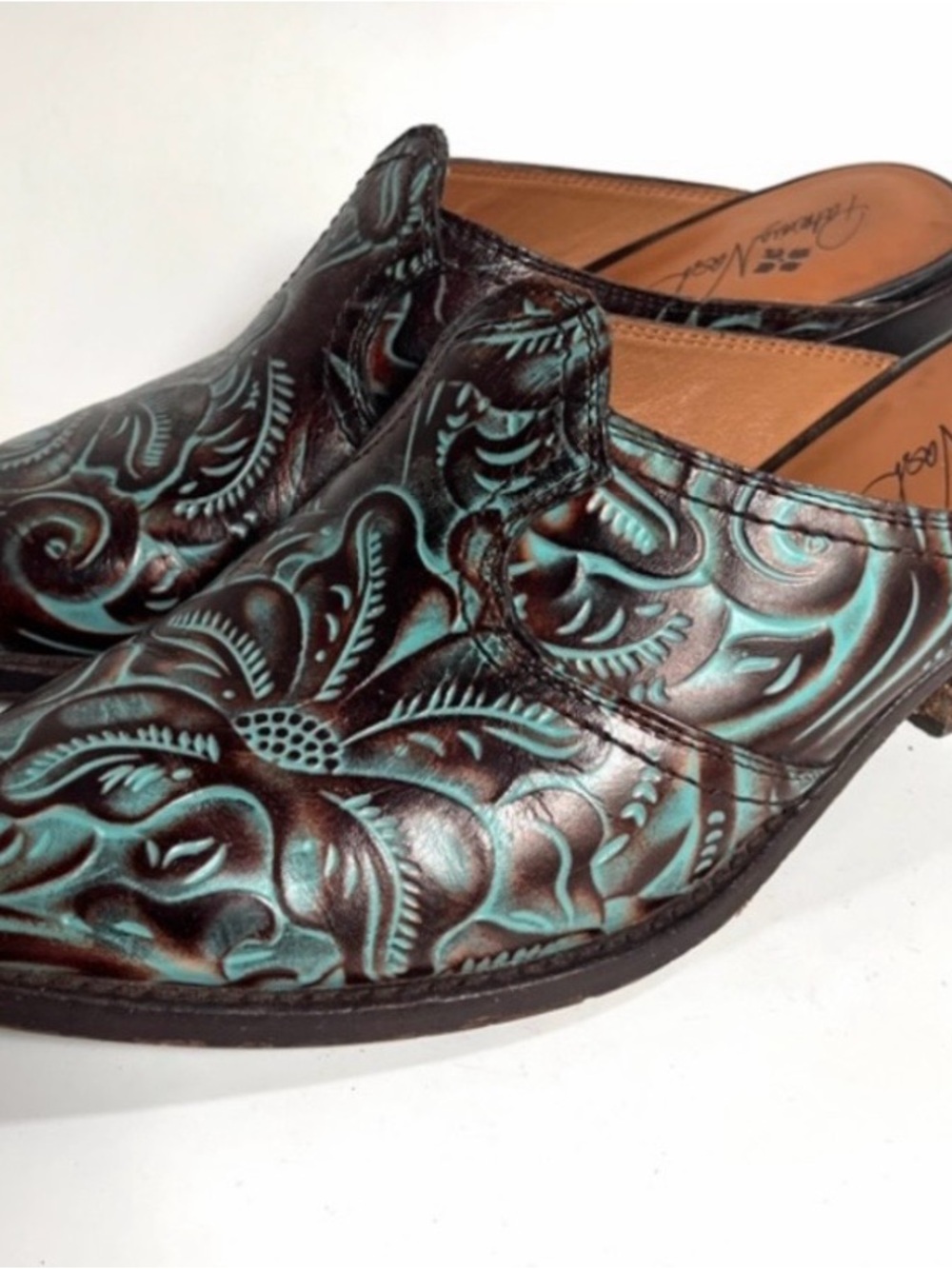 Patricia Nash Brown Leather Floral-Tooled Mules with Teal Accents